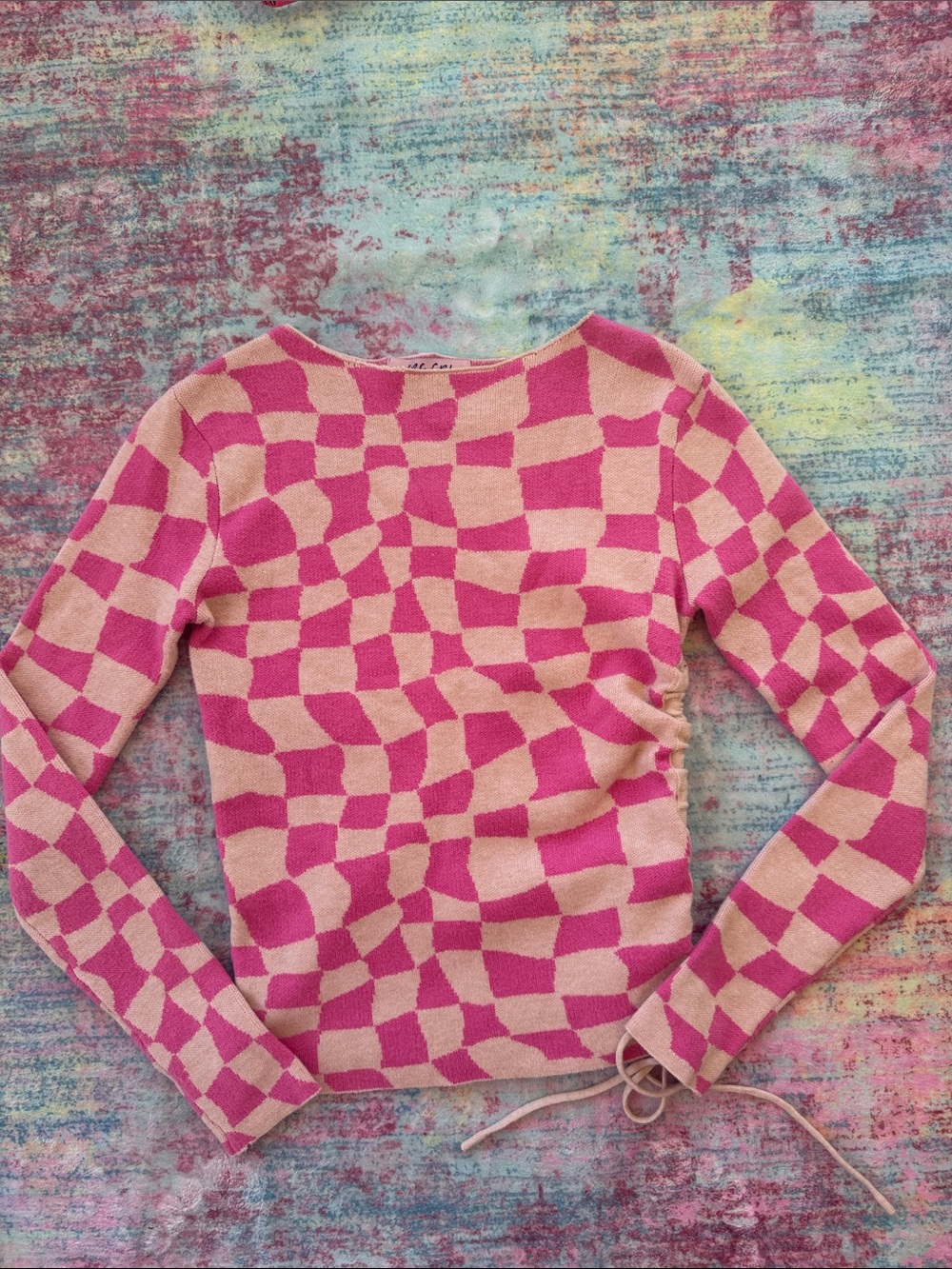 Pink Checkerboard Long Sleeve Scoop Neck Sweater